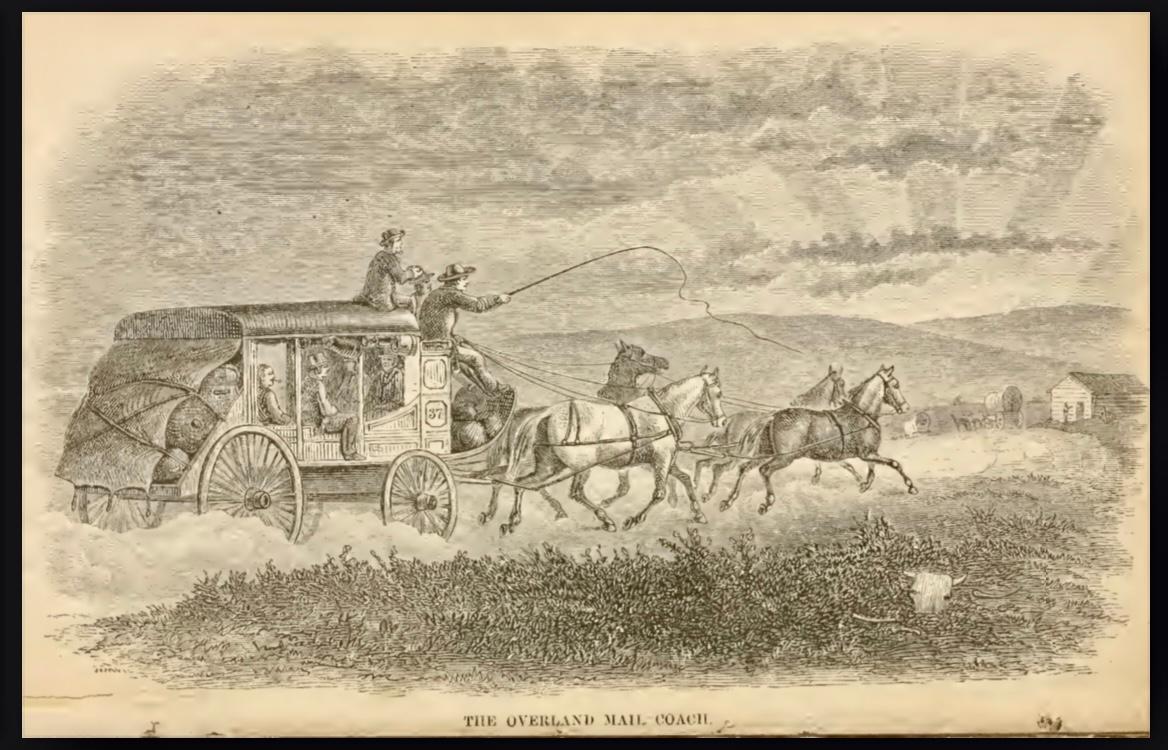 Etching of "The Overland Mail Coach," 1877, taken from a book by Hiram C. Hodge. (Public Domain)