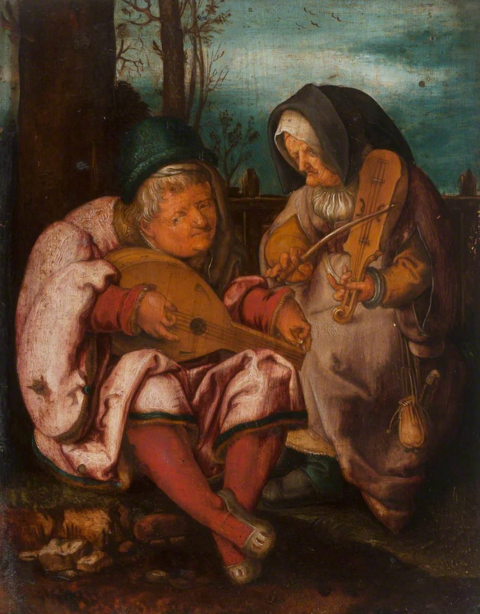"An Elderly Man and Woman Playing Stringed Instruments," circa 1494–1533, by an unknown artist after Lucas van Leyden. Oil on copper. National Trust, Dorneywood, UK. (Public Domain)