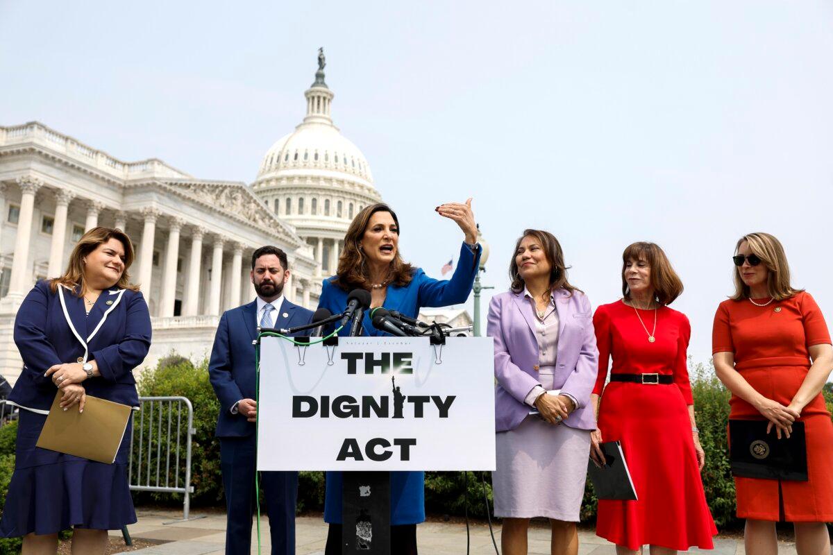 Rep. Maria Salazar (R-Fla.) speaks during a press conference on immigration outside the U.S. Capitol Building in Washington on May 23, 2023. (Anna Moneymaker/Getty Images)