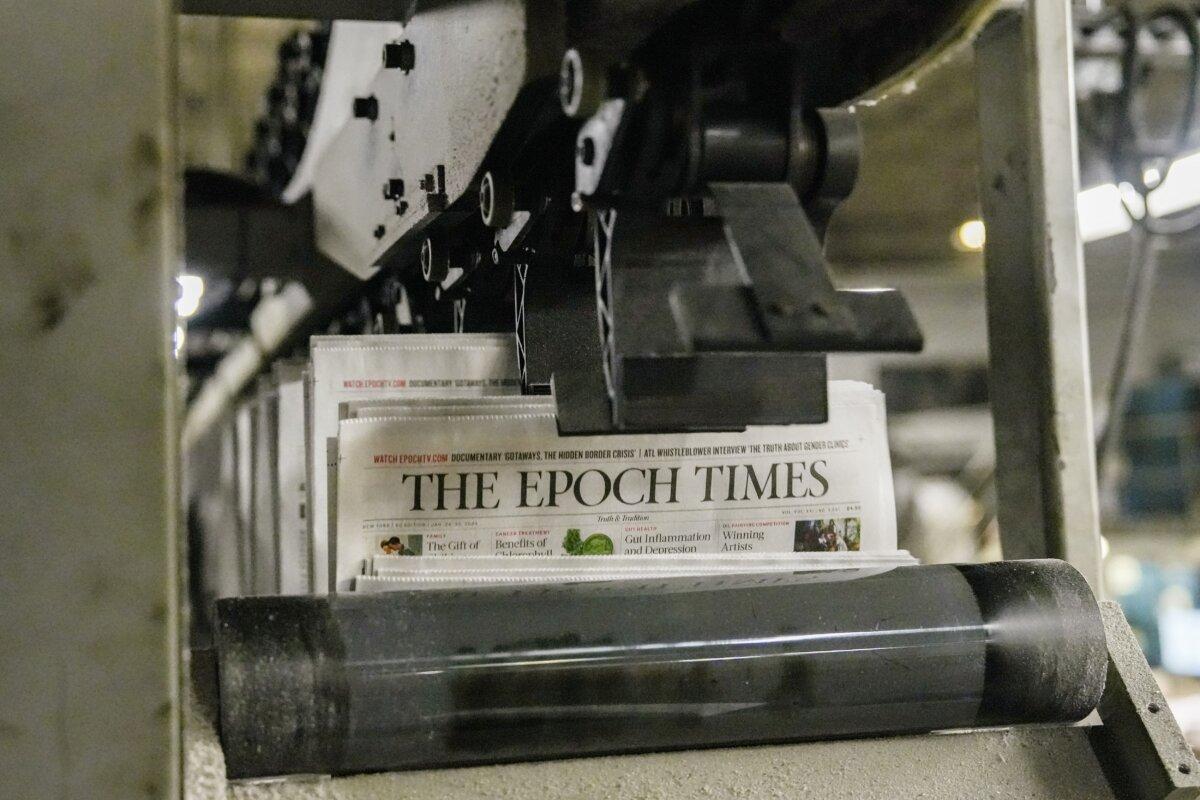 Epoch Times newspapers printed at a printing press in New Jersey on Jan. 23, 2024. (Samira Bouaou/The Epoch Times)