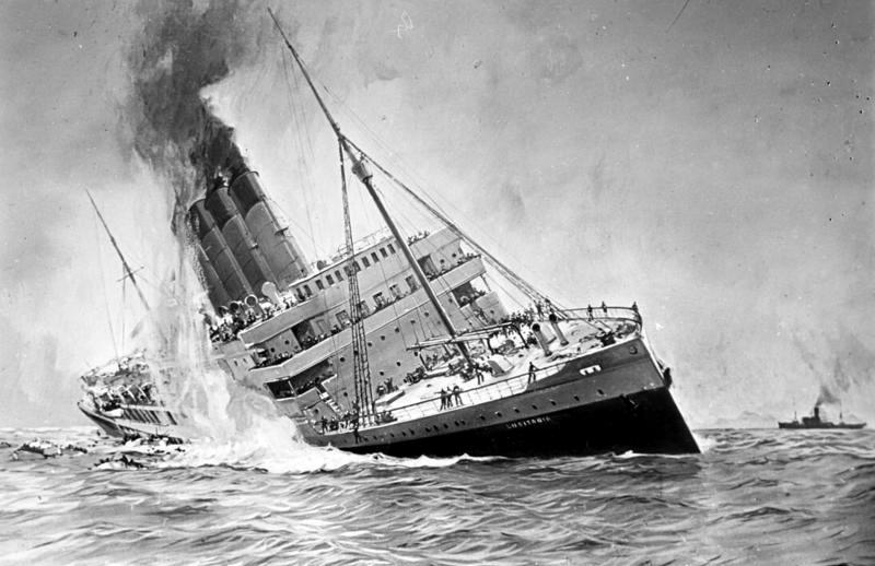 Painting of the Lusitania sinking. German Federal Archives (<a href="https://en.wikipedia.org/wiki/German_Federal_Archives">Bundesarchiv, DVM 10 Bild-23-61-17</a>/<a href="https://en.wikipedia.org/wiki/RMS_Lusitania#/media/File:Bundesarchiv_DVM_10_Bild-23-61-17,_Untergang_der_%22Lusitania%22.jpg">CC-BY-SA 3.0)</a>