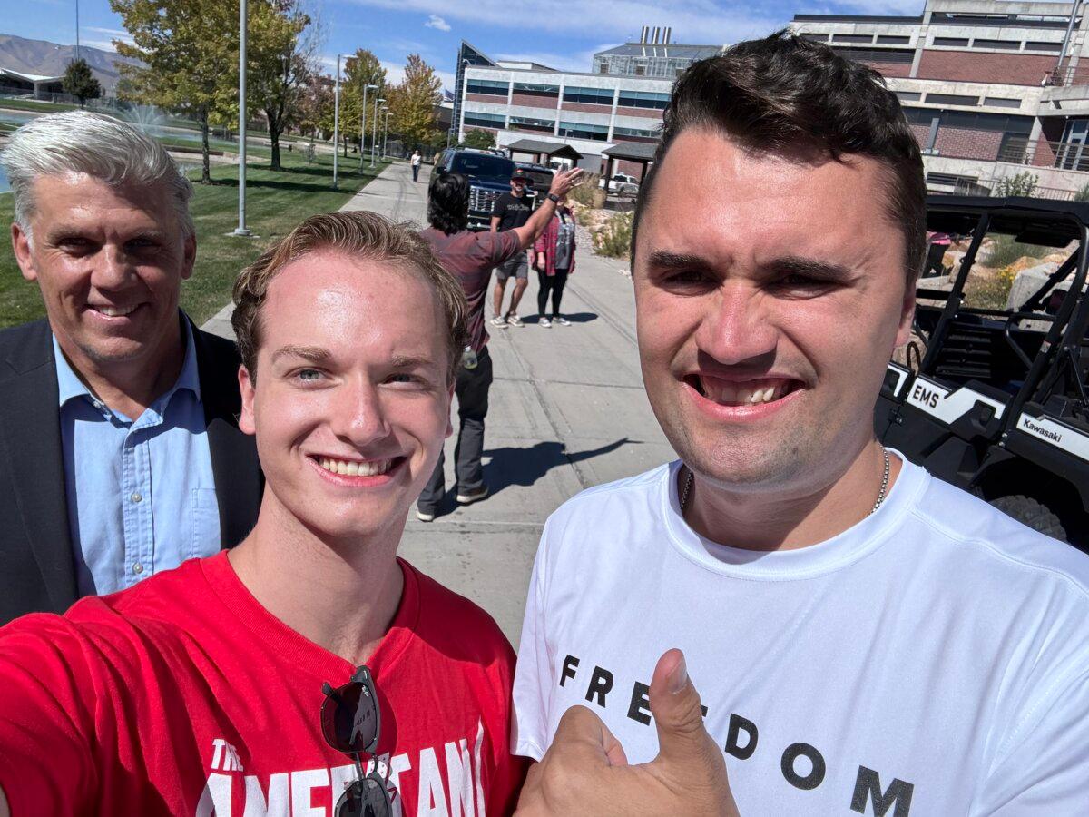Riley Beesley (L), a volunteer for Turning Point, with Charlie Kirk in Orem, Utah, on Sept. 10, 2025. (Courtesy of Riley Beesley)