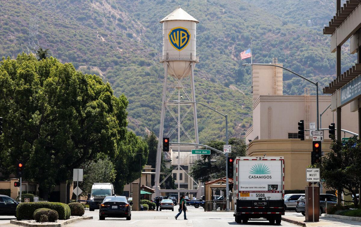 The Warner Bros. logo is displayed on a water tower at Warner Bros. Studio in Burbank, Calif., on Sept. 12, 2025. (Mario Tama/Getty Images)