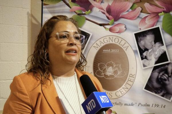 Melissa Aguilera, director of Magnolia Women’s Center, at the gathering on Sept. 13, 2025. (Andrew Li / The Epoch Times)