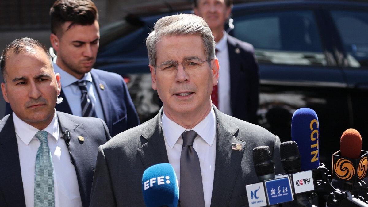 U.S. Treasury Secretary Scott Bessent speaks during a press conference following trade talks with Chinese Vice Premier He Lifeng at the foreign ministry in Madrid on Sept. 15, 2025. (Thomas Coex/AFP via Getty Images)
