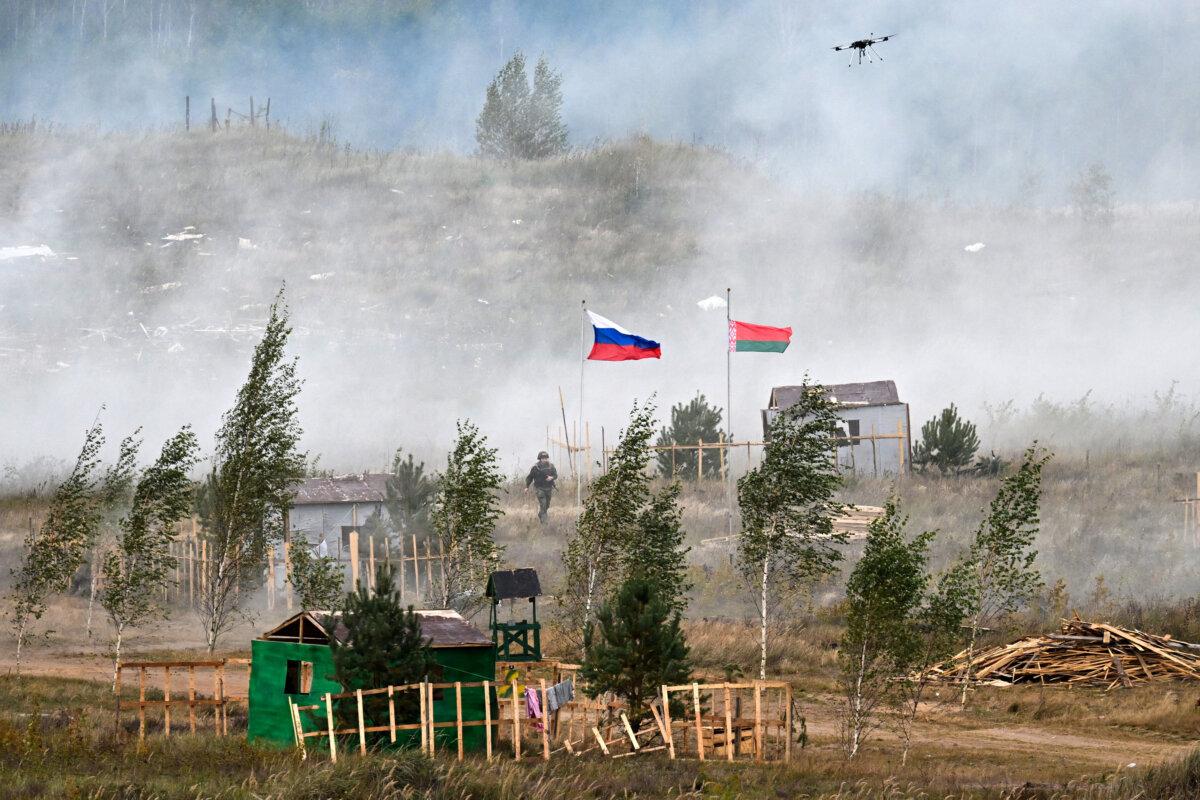 Part of the joint Russia–Belarus military drills held at a training ground east of the Belarusian capital Minsk on Sept. 15, 2025. (Olesya Kurpyayeva/AFP via Getty Images)