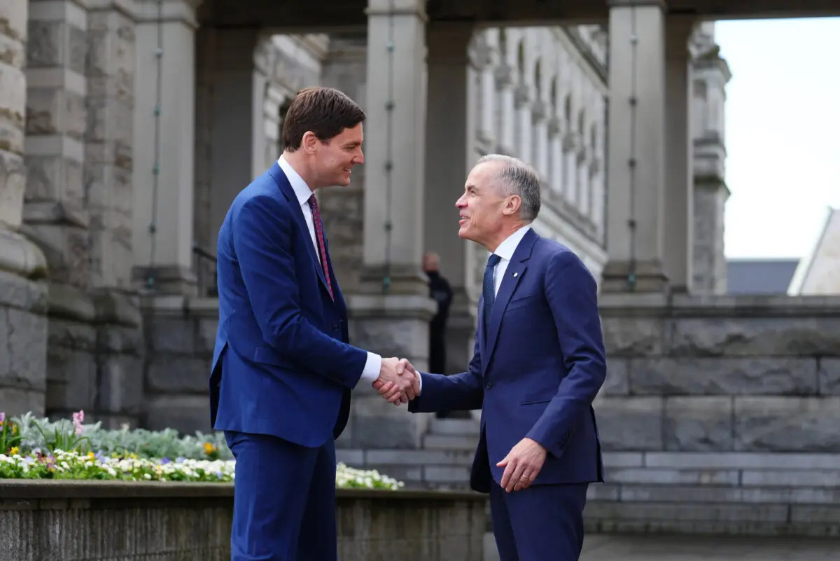 Prime Minister Mark Carney meets with British Columbia Premier David Eby at the Legislative Assembly of British Columbia in Victoria on April 7, 2025. (The Canadian Press/Sean Kilpatrick)