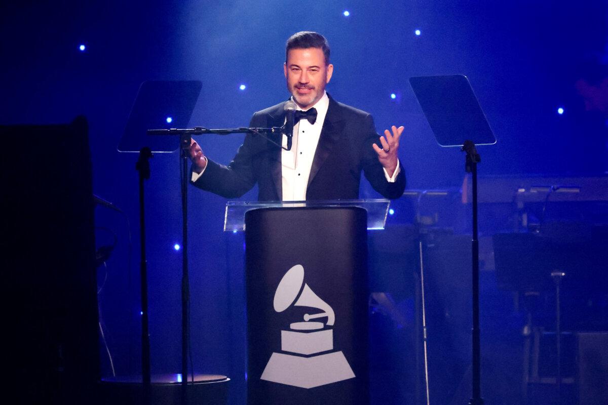 Jimmy Kimmel speaks during the Pre-Grammy gala, hosted by the Recording Academy and Clive Davis, in Beverly Hills, Calif., on Feb. 1, 2025. (Mario Anzuoni/Reuters)
