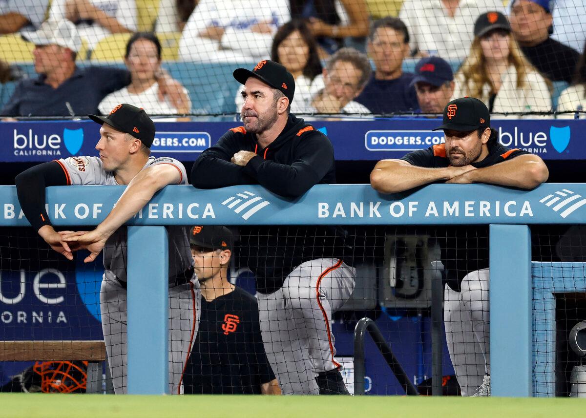 Justin Verlander #35 of the San Francisco Giants watches play against the Los Angeles Dodgers at Dodger Stadium in Los Angeles, Calif., on Sept. 18, 2025. (Ronald Martinez/Getty Images)