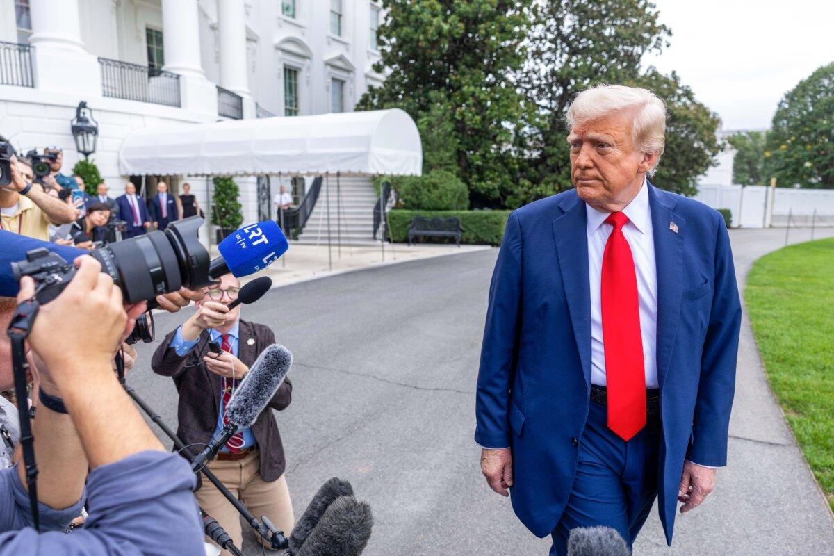 President Donald Trump talks to the media before boarding Marine One on the South Lawn of the White House on Sept. 21, 2025. (Tasos Katopodis/Getty Images)