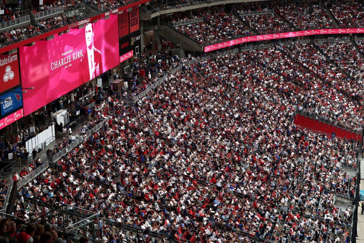 An image of conservative commentator Charlie Kirk is projected on a screen ahead of his public memorial service at State Farm Stadium in Glendale, Arizona, on Sept. 21, 2025. (Charly Triballeau/AFP)
