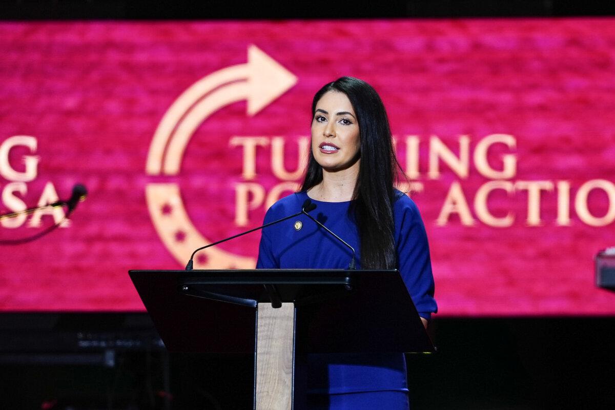 Rep. Anna Paulina Luna (R-Fla.) speaks at the Building a Legacy: Remembering Charlie Kirk memorial event at State Farm Stadium in Glendale, Ariz., on Sept. 21, 2025. (Madalina Kilroy/The Epoch Times)