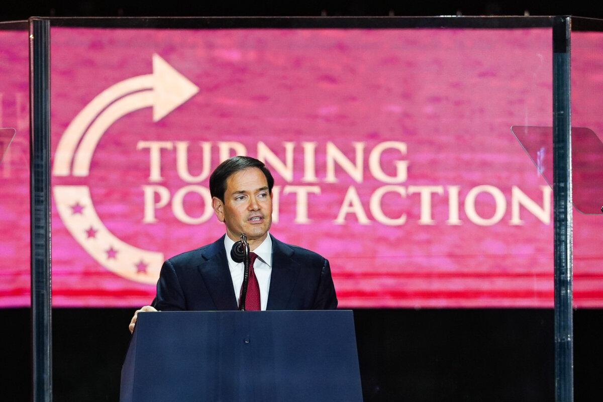 Secretary of State Marco Rubio speaks at the Building a Legacy: Remembering Charlie Kirk Memorial event at the State Farm Stadium in Glendale, Ariz., on Sept. 21, 2025. (Madalina Kilroy/The Epoch Times)