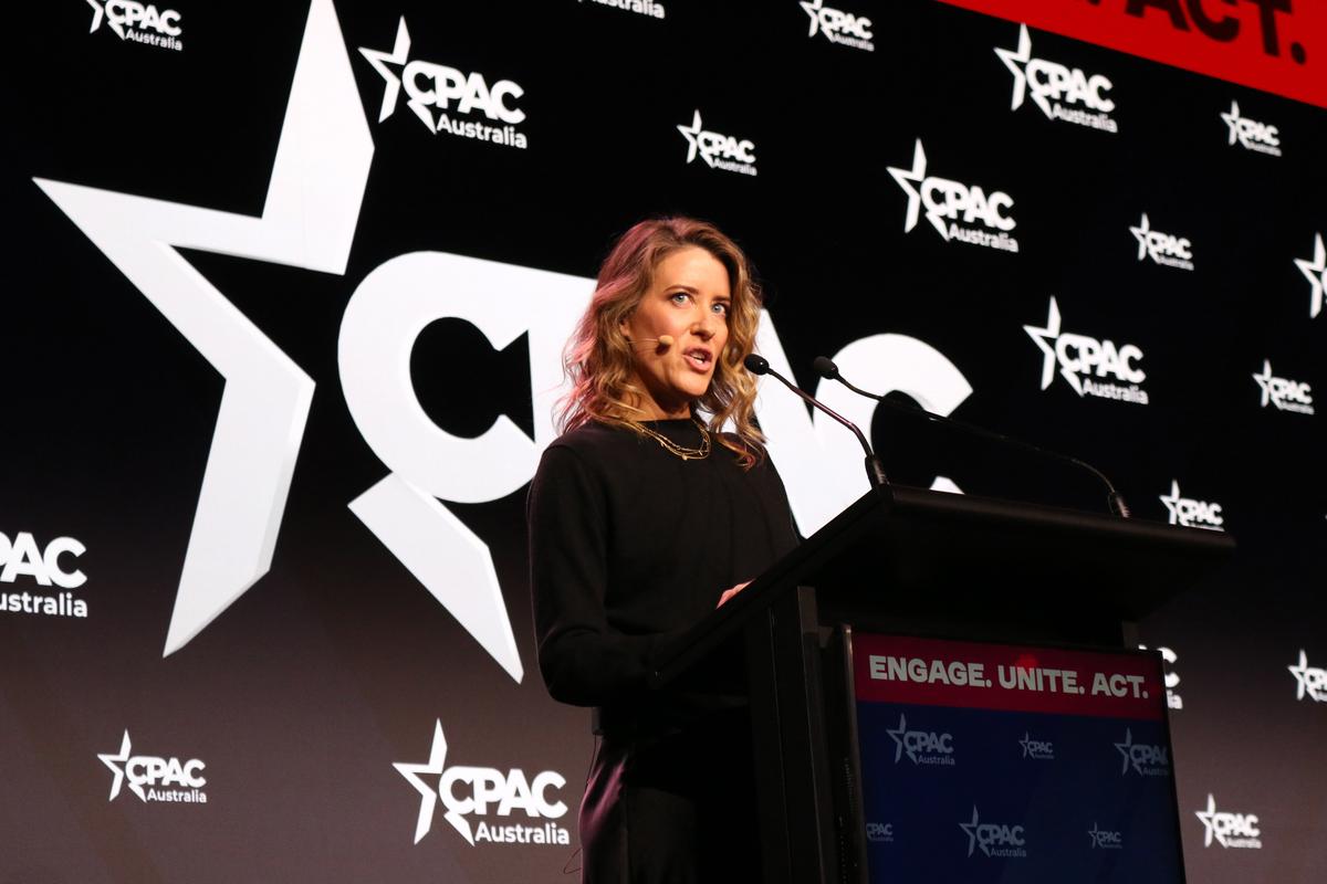Sall Grover, founder of Giggle for Girls, speaks at CPAC Australia in Brisbane on Sept. 21, 2025. (Melanie Sun/The Epoch Times)