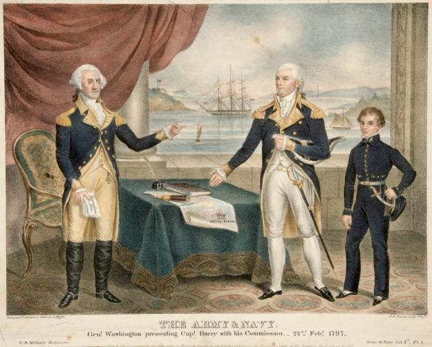 John Barry (C) receiving commodore commission from George Washington. (Public Domain)