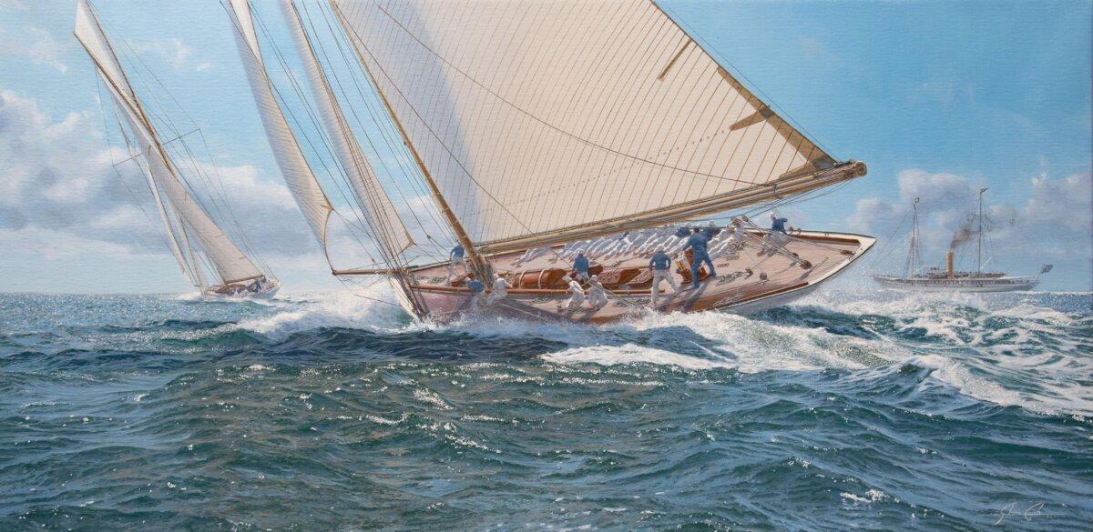 “Shamrock III 1903 America's Cup,” 2024, by Shane Couch. Oil on canvas; 21 inches by 42 inches. (Courtesy of Shane Couch)
