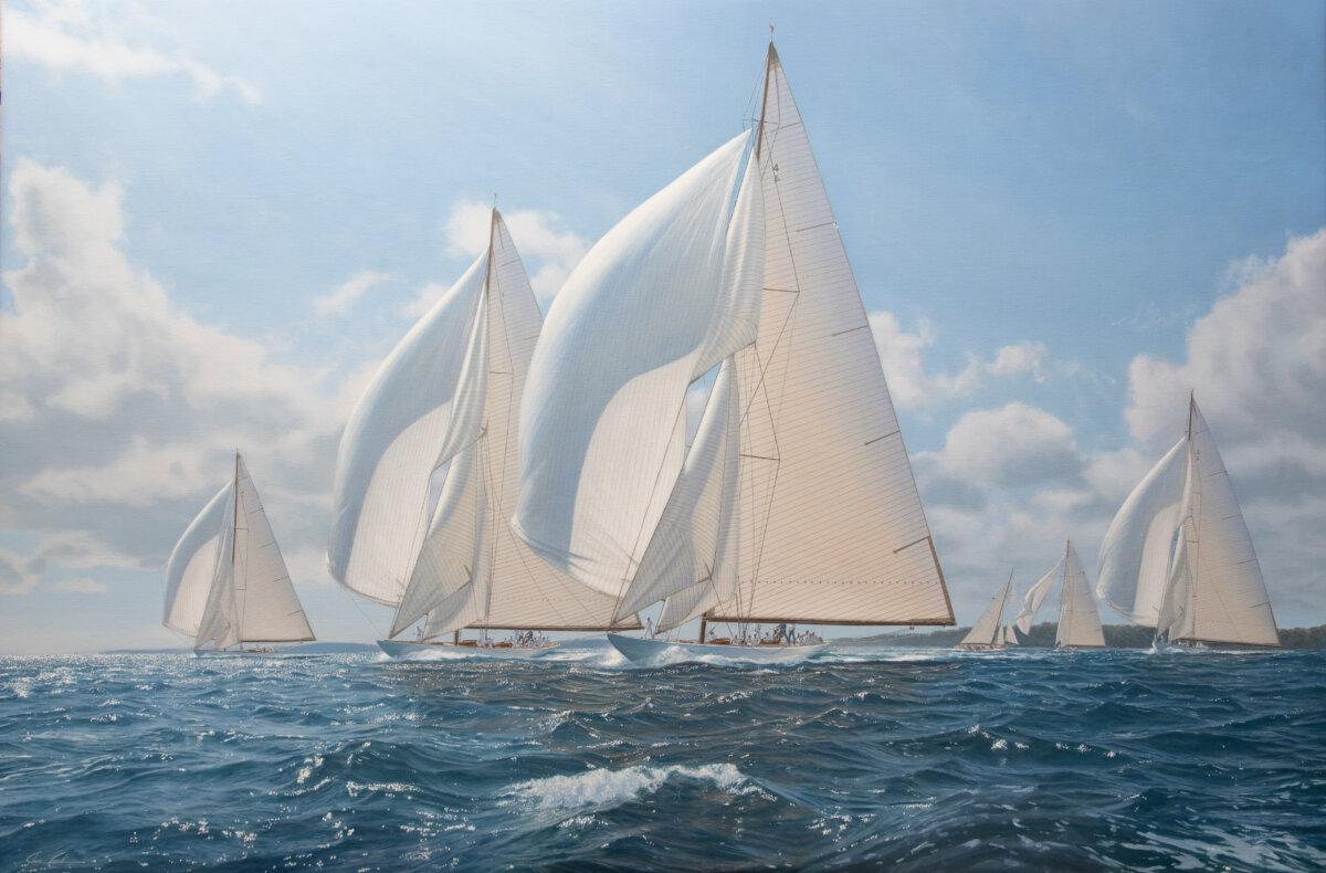 “Spinnakers to Starboard J Class Long Island Sound 1930,” 2024, by Shane Couch. Oil on canvas; 40 inches by 60 inches. The painting won Best in Show at The American Society of Marine Artists Awards 2024. (Courtesy of Shane Couch)