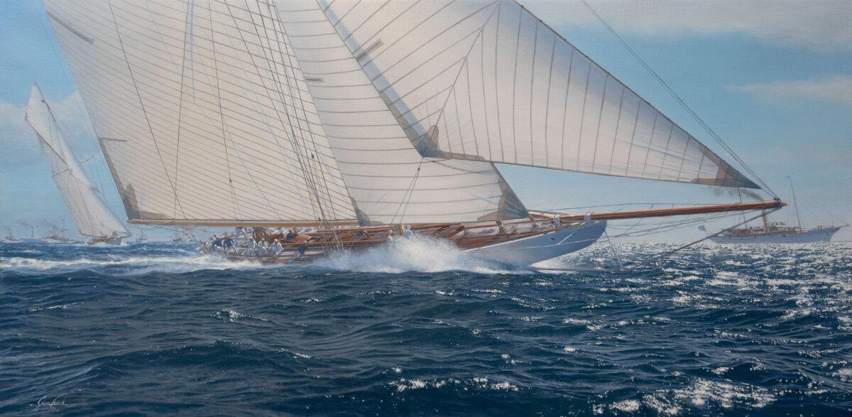 “Reliance 1903 America's Cup,” 2024, by Shane Couch. Oil on canvas; 21 inches by 42 inches. (Courtesy of Shane Couch)