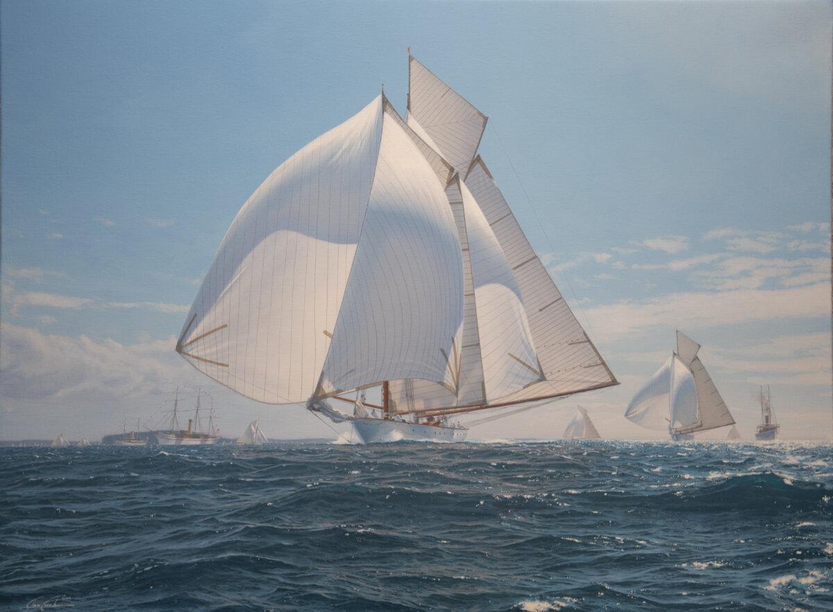 Schooner Ingomar Racing on Long Island Sound, 1907,” 2025, by Shane Couch. Oil on canvas; 30 inches by 40 inches. (Courtesy of Shane Couch)