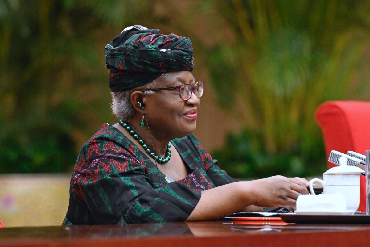 Director-General of the World Trade Organization Ngozi Okonjo-Iweala listens as Chinese Premier Li Qiang (not in picture) speaks during their bilateral meeting ahead of the annual World Economic Forum New Champions meeting in Tianjin, China, on June 26, 2023. (Wang Zhao/Pool/Getty Images)