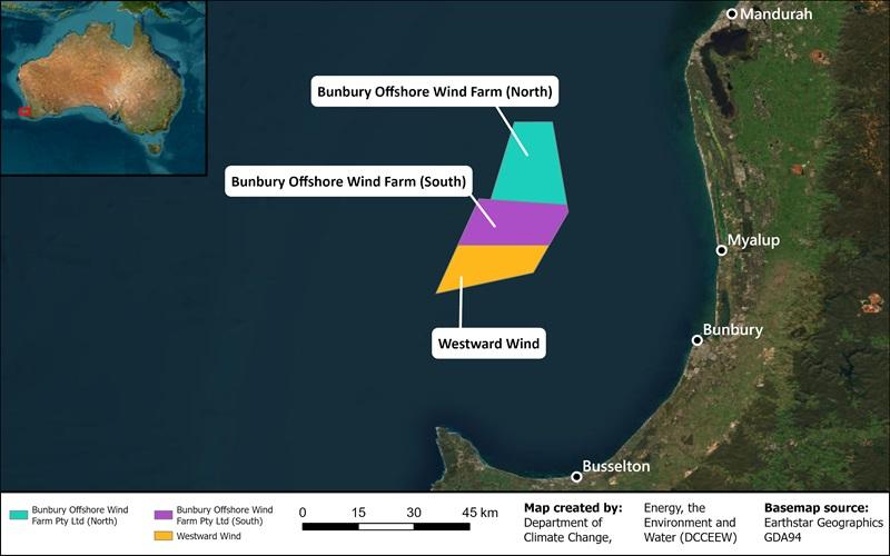 The proposed Bunbury Offshore Wind Zone off the coast of Western Australia near Perth. (Courtesy of the federal Department of Climate Change, Energy, the Environment and Water)