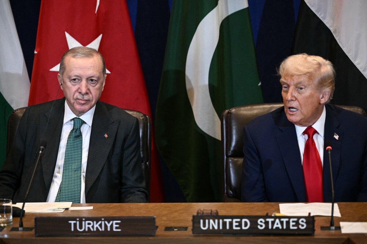 U.S. President Donald Trump, alongside Turkey's President Recep Tayyip Erdogan (L), speaks during a multilateral meeting to discuss the situation in Gaza, on the sidelines of the U.N. General Assembly in New York City on Sept. 23, 2025. (Brendan Smialowski/AFP via Getty Images)