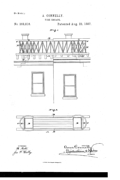 Anna Connelly's 1887 patent, no. US368816A, for a fire escape. (Public Domain)
