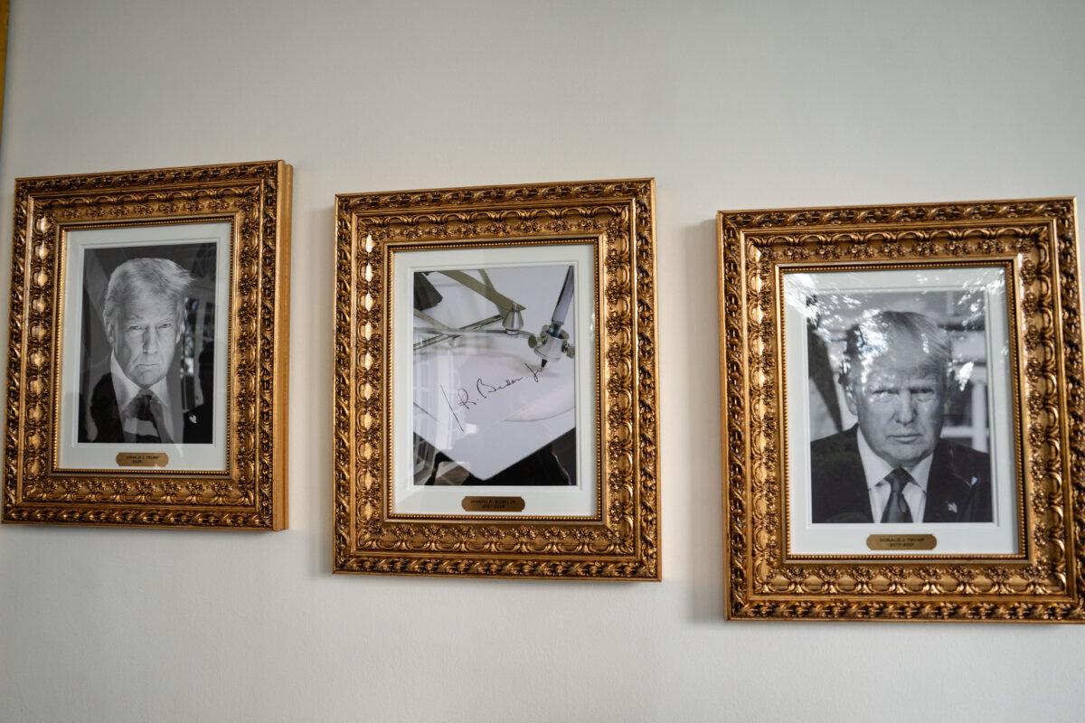 A photo of former President Biden's autopen signature (C) on the new White House Presidential Wall of Fame on Sept. 26, 2025. (Madalina Kilroy/The Epoch Times)