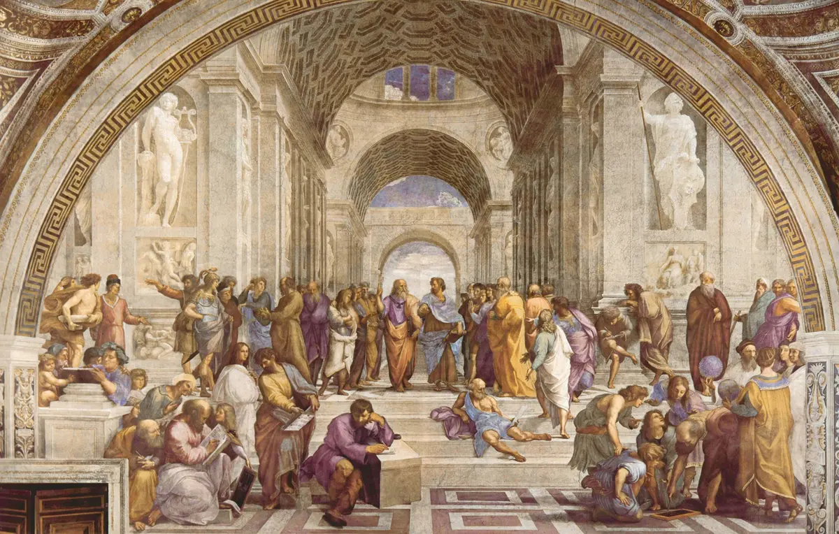 "School of Athens," a Renaissance wall fresco by Raphael, decorates the interior of Stanze di Raffaello, Vatican Museum, Italy. Aristotle and Plato, among other philosophers, are at the center. (Pixabay/Pexels)