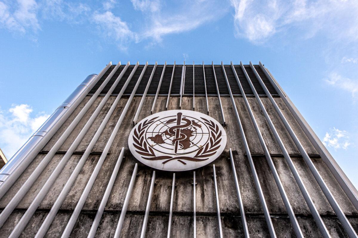 The logo of the World Health Organization on a panel in front of the headquarters of the World Health Organization in Geneva on Jan. 23, 2025. (Robert Hradil/Getty Images)