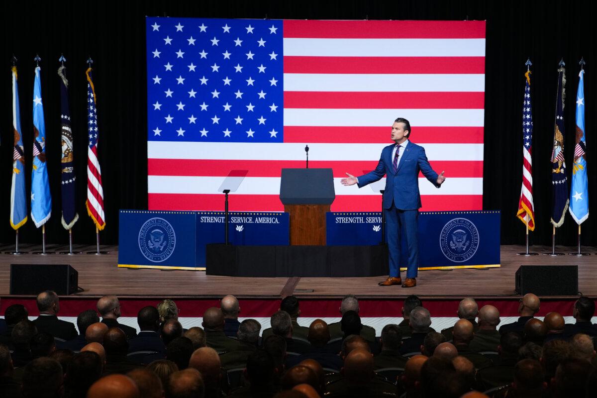 Secretary of War Pete Hegseth speaks to senior military leaders at Marine Corps Base Quantico in Quantico, Va., on Sept. 30, 2025. (Andrew Harnik/Getty Images)