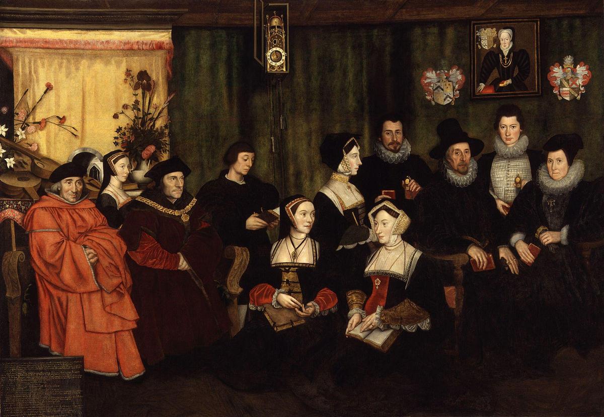 Sir Thomas More (third from left), his father, his household and his descendants. A copy after Hans Holbein the Younger, by Rowland Lockey. National Portrait Gallery, London. (Public Domain)