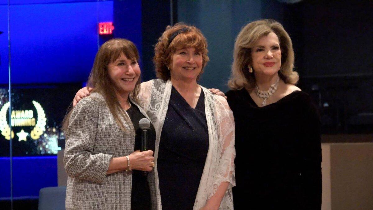 (L-R) Dr. Pamela Pine, Andi Buerger, and Blanquita Cullum at the inaugural Global Conference and Awards Gala night of IMAG Media and Voices Against Trafficking at the Liberty Science Center in Jersey City, N.J., on Sept. 27, 2025. (The Epoch Times)