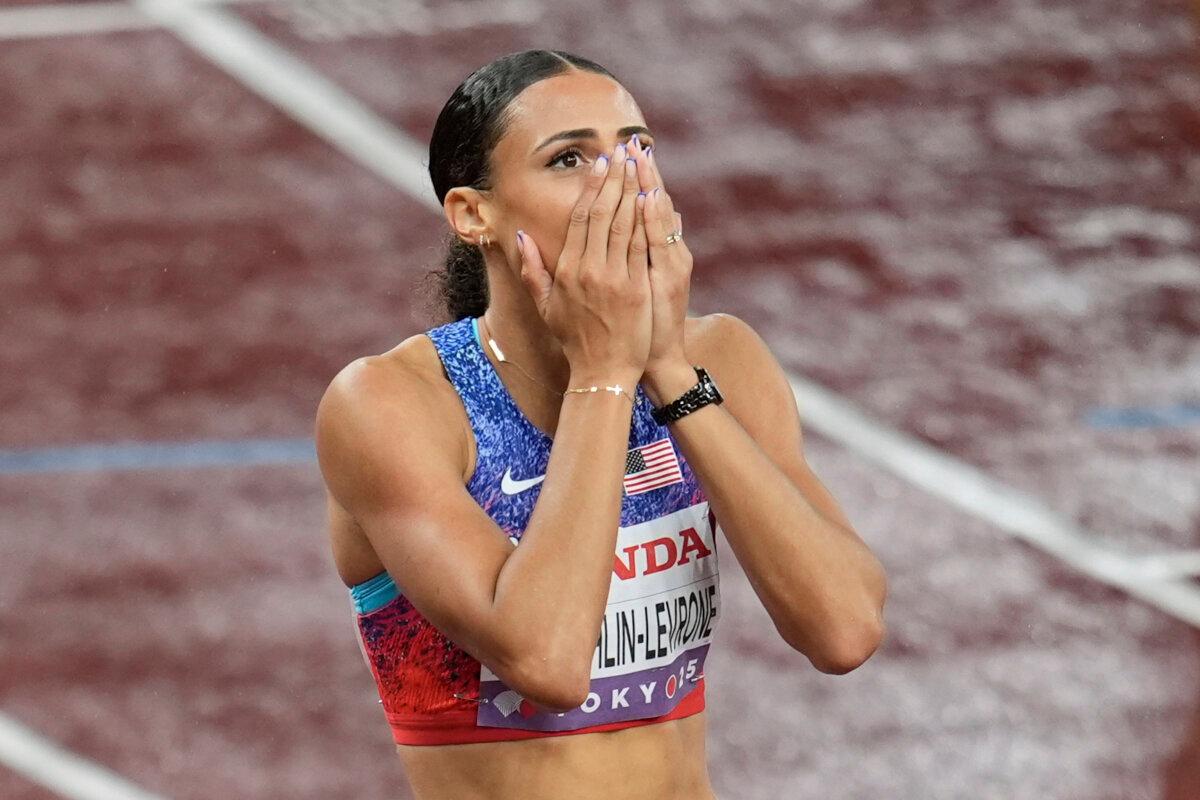 United States' Sydney McLaughlin-Levrone, reacts after winning in the women's 400 meters final at the World Athletics Championships in Tokyo on Sept. 18, 2025. (Abbie Parr/AP Photo)