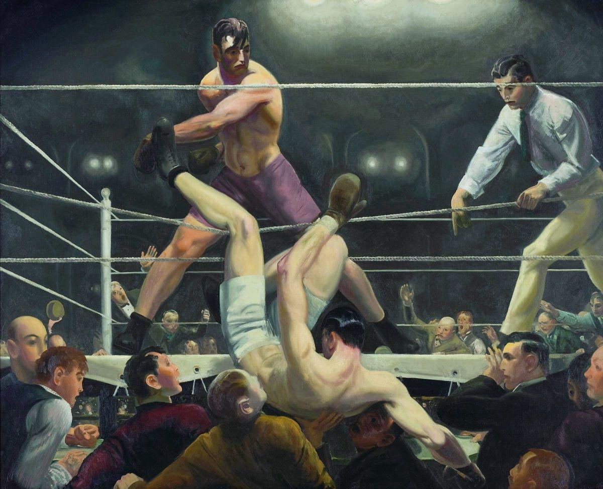 George Bellows's "Dempsey and Firpo" captures the moment Dempsey is knocked out of the ring. (Public Domain)