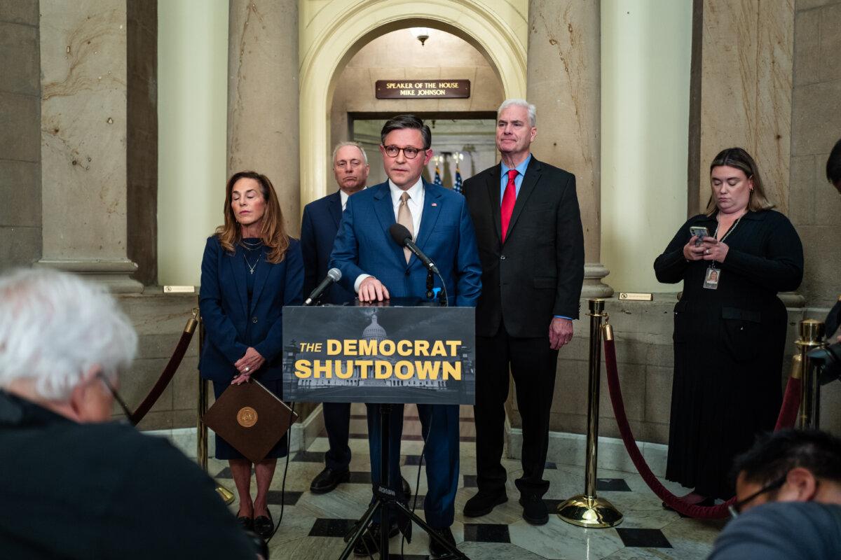Speaker of the House Mike Johnson (R-La.) (C) with Rep. Lisa McClain (R-Mich.) (L), House Majority Leader Rep. Steve Scalise (R-La.) (2nd L), and House Majority Whip Rep. Tom Emmer (R-Minn.) (2nd R) in Washington on Oct. 2, 2025. (Madalina Kilroy/The Epoch Times)