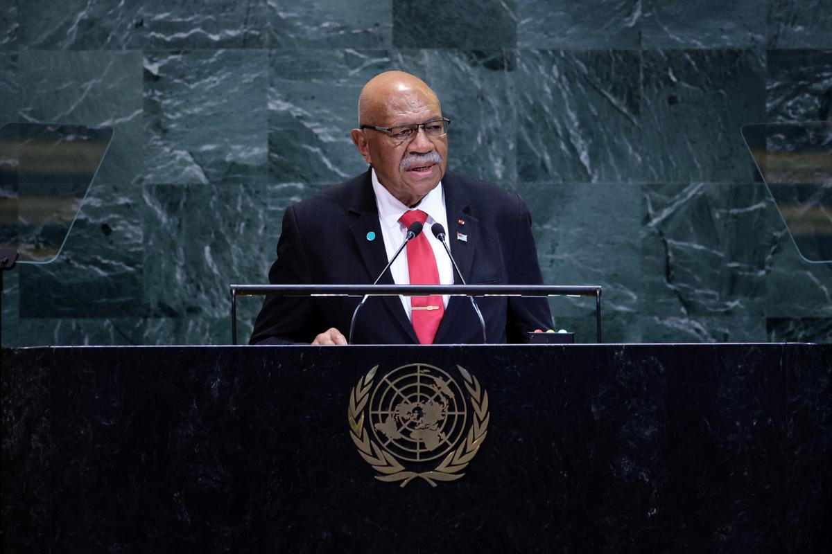 Fiji's Prime Minister Sitiveni Ligamamada Rabuka speaks during the General Debate of the United Nations General Assembly at UN headquarters in New York City on Sept. 26, 2025. (Leonardo Munoz/AFP via Getty Images)