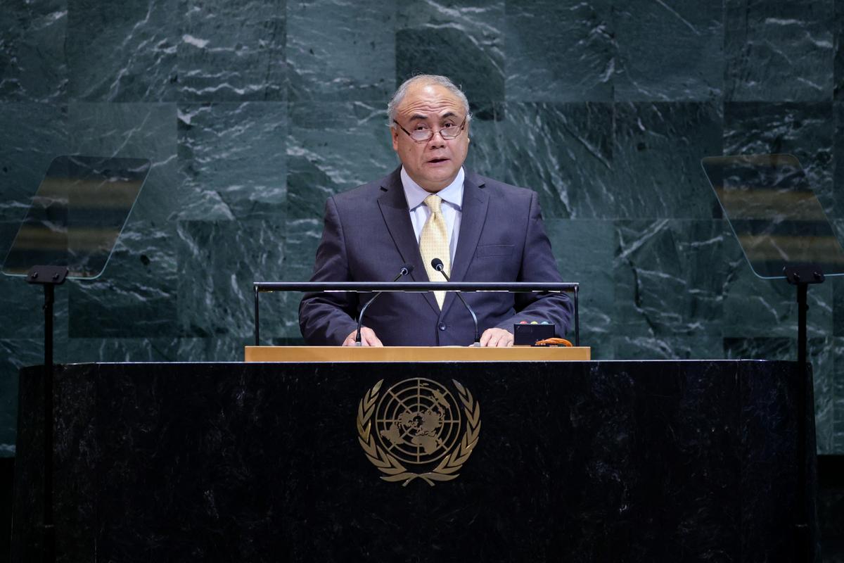 Tonga's Prime Minister 'Aisake Valu Eke speaks during the General Debate of the United Nations General Assembly at UN headquarters in New York City on Sept. 26, 2025. (Leonardo Munoz/AFP via Getty Images)