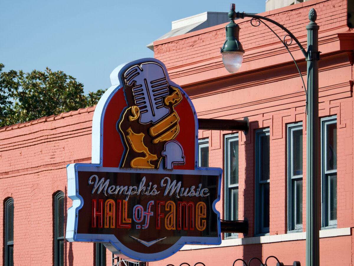 A sign advertising the Memphis Music Hall of Fame in Memphis, Tenn., as seen on Oct. 3. (Travis Gillmore/The Epoch Times)