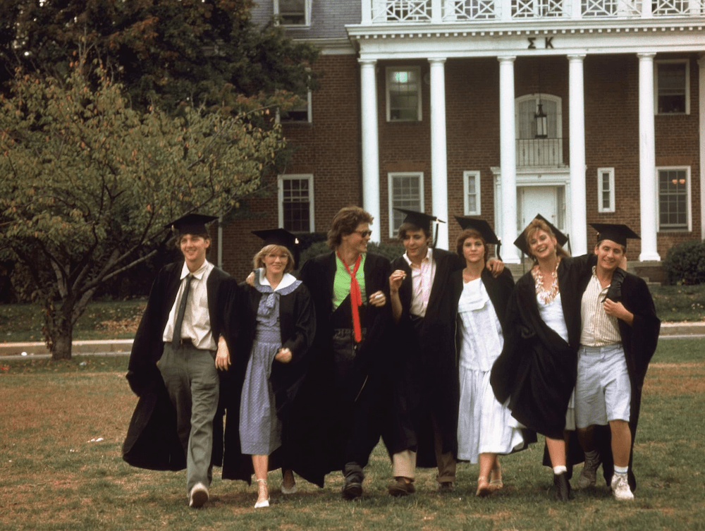 (L–R) Kevin Dolenz (Andrew McCarthy), Wendy Beamish (Mare Winningham), Billy Hicks (Rob Lowe), Alec Newbary (Judd Nelson), Leslie Hunter (Ally Sheedy), Jules (Demi Moore), and Kirby Keger (Emilio Estevez) graduate from college, in "St. Elmo's Fire." (Columbia Pictures)