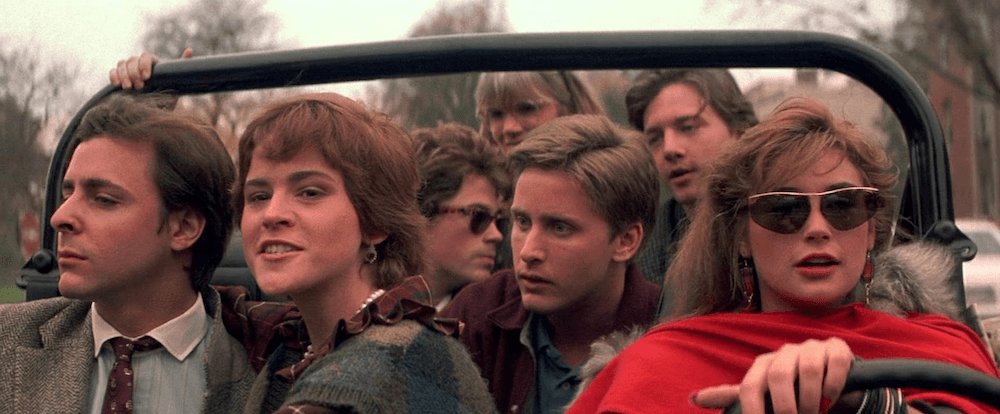 (L–R) Alec Newbary (Judd Nelson), Leslie Hunter (Ally Sheedy), Billy Hicks (Rob Lowe), Wendy Beamish (Mare Winningham), Kirby Keger (Emilio Estevez), Kevin Dolenz (Andrew McCarthy), and Jules (Demi Moore), in "St. Elmo's Fire." (Columbia Pictures)