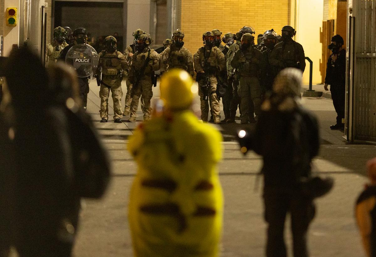 Protesters gather in front of Immigration and Customs Enforcement offices in Portland, Ore., on Oct. 3, 2025. (John Fredricks/The Epoch Times)