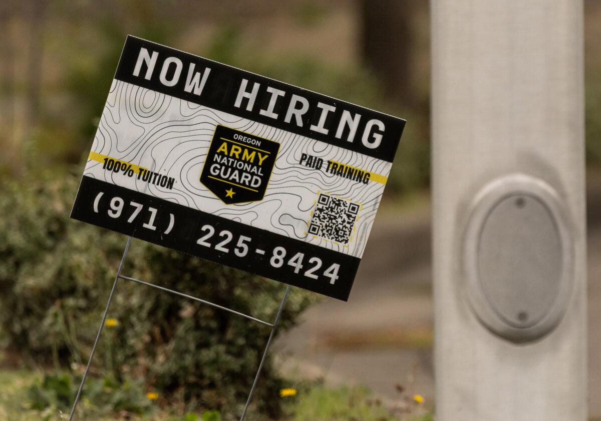 A recruitment poster for the Oregon Army National Guard base is displayed outside of Portland, Ore., on Oct. 4, 2025. (John Fredricks/The Epoch Times)