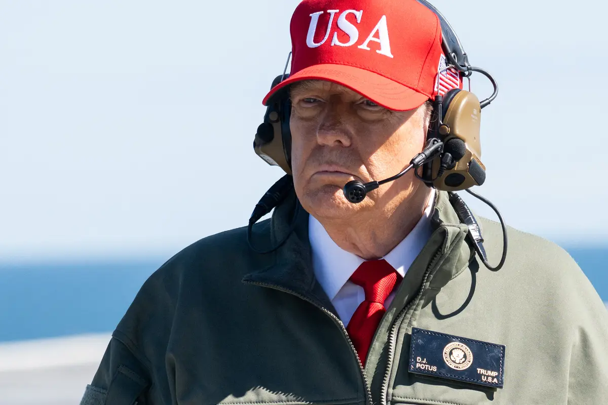 U.S. President Donald Trump visits the USS George H.W. Bush aircraft carrier, which is out at sea near Norfolk, Virginia, on Oct. 5, 2025. The visit is part of the U.S. Navy's 250th anniversary celebration, "America's Navy 250: Titans of the Sea—A Salute to the Fleet". (Saul Loeb/AFP via Getty Images)