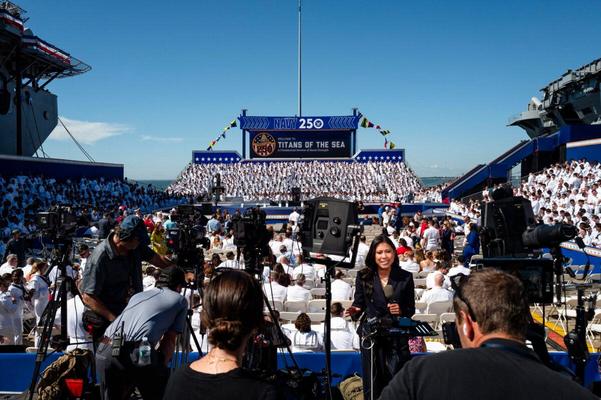 Press at "America’s Navy 250 — Titans of the Sea: A Salute to the Fleet" in Norfolk, Va., on Oct. 5, 2025. (Madalina Kilroy/The Epoch Times)