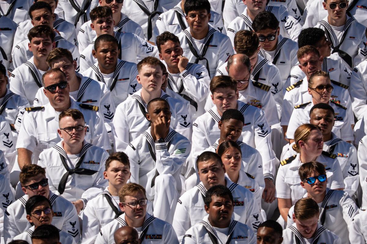 Sailors take part in “America’s Navy 250 - Titans of the Sea: A Salute to the Fleet” in Norfolk, Va., on Oct. 5, 2025. (Madalina Kilroy/The Epoch Times)