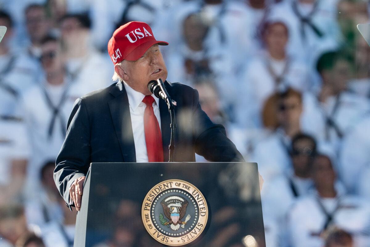 President Donald Trump speaks at "America’s Navy 250 — Titans of the Sea: A Salute to the Fleet" in Norfolk, Va., on Oct. 5, 2025. (Madalina Kilroy/The Epoch Times)