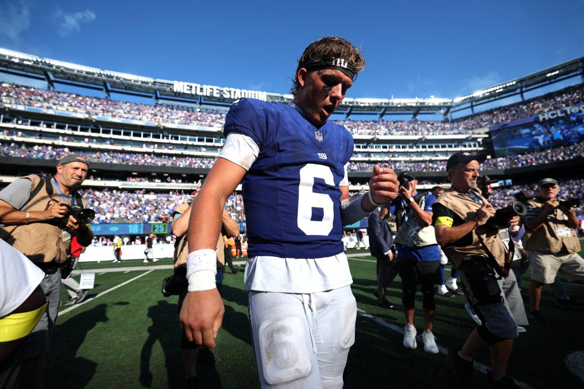 Jaxson Dart of the New York Giants walks off the field after the game against the Los Angeles Chargers at MetLife Stadium in East Rutherford, New Jersey, on Sept. 28, 2025. (Ishika Samant/Getty Images)