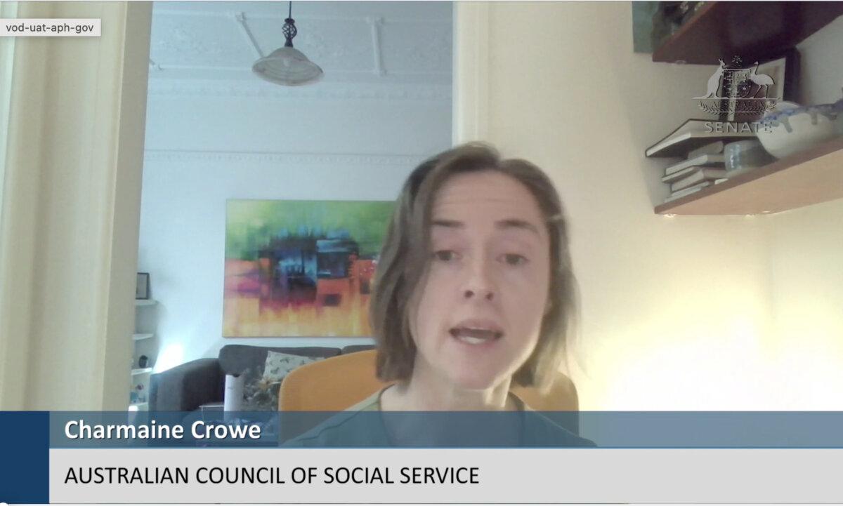 Charmaine Crowe, a senior advisor from the Australian Council of Social Service, spoke at the Senate Community Affairs Legislation Committee hearing on Oct. 3, 2025. (Screenshot by Cindy Li/The Epoch Times)