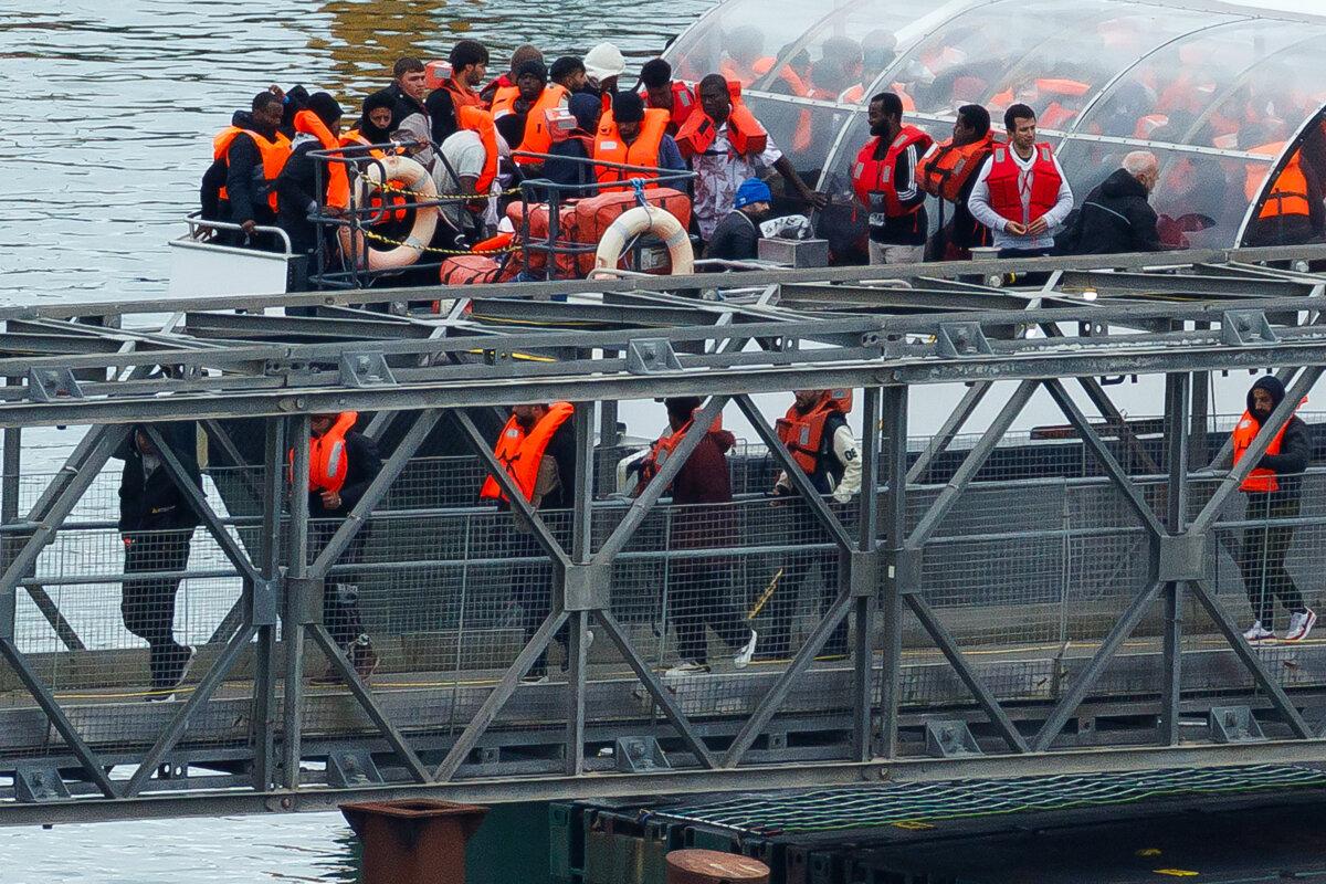 A UK Border Force vessel brings migrants who were intercepted crossing the English Channel into port in Dover, England, on Oct. 8, 2025. (Dan Kitwood/Getty Images)